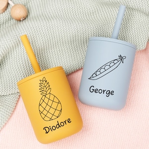 Silicone Fruits Engraved Sippy Cup, Cup Personalized, Silicone Cup with Straw, Toddler Training Cup, Silicone Sippy Cup, Baby Tumbler