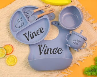 Set per lo svezzamento del bambino in silicone personalizzato, bavaglino in silicone inciso, set per lo svezzamento dei cartoni animati per neonati, piastra in silicone personalizzata.