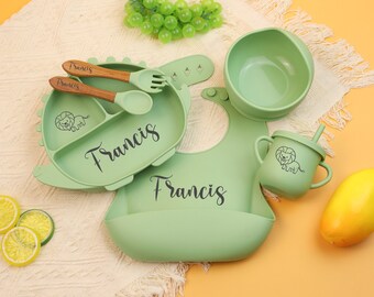 Personalized Silicone Baby Weaning Set,Engraved Silicone Bib,Cartoon Weaning Set for Toddler Baby Kids,Custom dinosaur silicone plate.