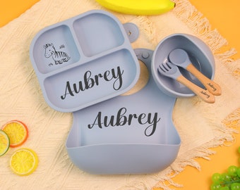 Personalisierte Silikon Baby Weaning Set, Gravur Silikon Lätzchen, Cartoon Weaning Set für Kleinkind Baby Kinder, Custom Silikon Platte.