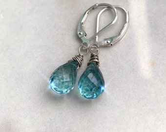 Boucles d'oreilles pendantes topaze bleue de Londres en or 14 carats ou fonds levier en argent sterling