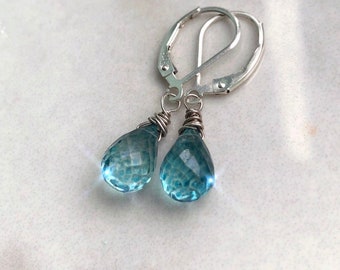 London Blue Topaz Teardrop Earrings, Faceted blue gemstone 14K Gold Filled or Sterling Silver Hand Wire Wrapped Earrings