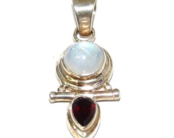Vintage Moonstone and Garnet Gemstone 925 Sterling silver Pendant