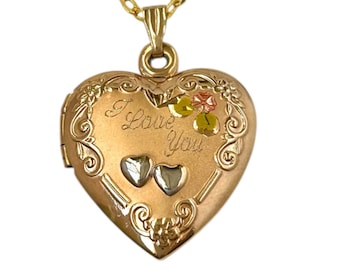 Vintage 14K Gold Filled Heart Locket Engraved "I Love You" Rose TK Tru-Kay Charm Necklace