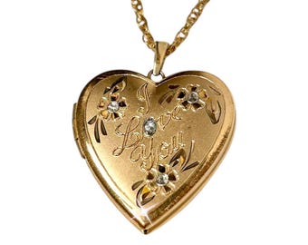 Médaillon vintage en forme de coeur « Je t'aime » en or 14 carats, véritable collier floral Tru-Kay gravé à la main avec diamants
