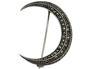 Antique Victorian Marcasite Crescent Moon Large Brooch Sterling Silver, Circa 1900