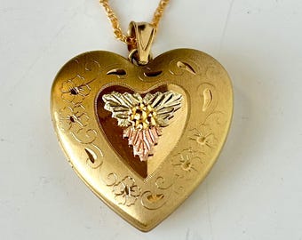 Vintage 14k Gold Filled 10K Solid Gold Large Heart Locket Black Hills Tricolor Diamond Cut Etched Photo Charm Necklace