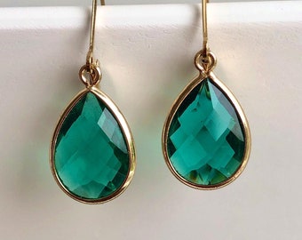 Emerald Green Quartz Dangle Earrings 14K Gold Filled Teardrop Gold Bezel