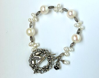 Cultured Pearl with Teardrop Freshwater Pearl Sterling Silver Bracelet Bird Floral Clasp
