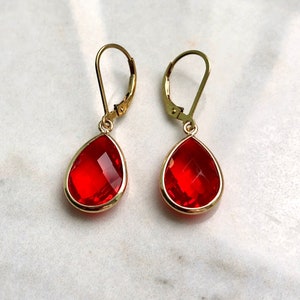 Red Ruby Earrings 14K Gold Filled Teardrop Gold Bezel Drop Earrings