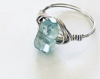 Aquamarine Ring, Sterling Silver Wire Wrapped, Faceted Blue Aquamarine Ring Gift for women