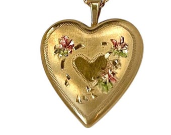 Vintage 14k Gold Filled Heart Locket Diamond Cut Etched Floral Tricolor Keepsake Photo Pendant