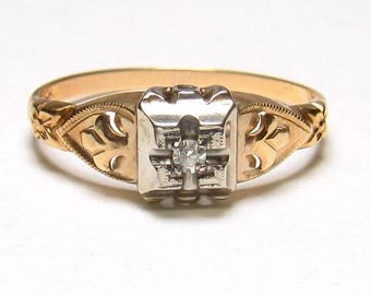 Antique Diamond 14K Gold Ring Two Tone Gold Fleur de Lis and Floral design Art Deco Ring