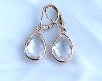 Clear Crystal Quartz Earrings 14K Gold Filled, Pink Crystal Quartz Double Side Faceted Teardrop Gemstone Earrings
