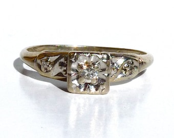 Bague diamants Art déco en or blanc 14 carats des années 40, arbre rond et diamants de fiançailles taille 6