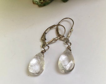 Crystal Quartz Teardrop Earrings 14K Gold filled or Sterling Silver Art Deco design