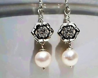 White Freshwater Pearl & Swarovski Crystal Earrings Sterling silver, Drop Earrings, Christmas Gift