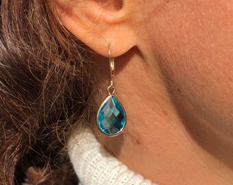 London Blue Dangle Earrings 14K Gold Filled, Swiss Blue Topaz Teardrop Earrings