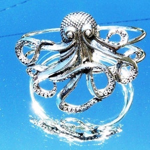 Octopus Cuff Silver Bracelet Adjustable, Nautical Cuff Large Octopus
