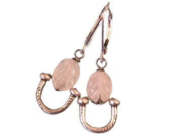 Rose Quartz  Sterling Silver Earrings Carved Etched Pink Gemstone Drop Earrings