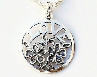 Love Pendant Necklace Sterling Silver Heirloom Flower Chain Necklace Gift