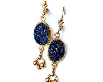 Gold Bezel Druzy Earrings, 14K Gold Midnight Blue Druzy Earrings, Dangle Earrings