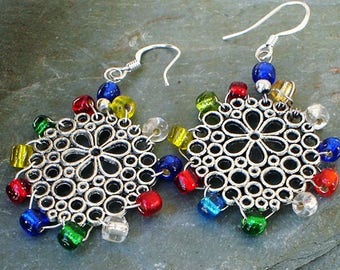 Honeycomb Sterling Silver Earrings, Snowflake Multicolor Beads Christmas Gift