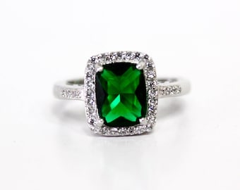 Emerald Sterling Silver Ring Cushion Cut Halo Topaz Gemstone Size 6