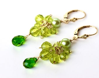 Emerald & Peridot Earrings 14K Gold Filled Titanic Green Emerald crystal Drop Earrings