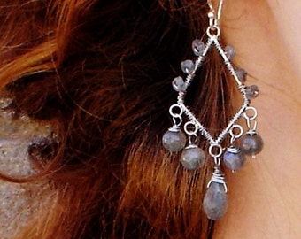 Labradorite Earrings Sterling Silver Chandelier Wire Wrapped Gemstone Dangle Earrings