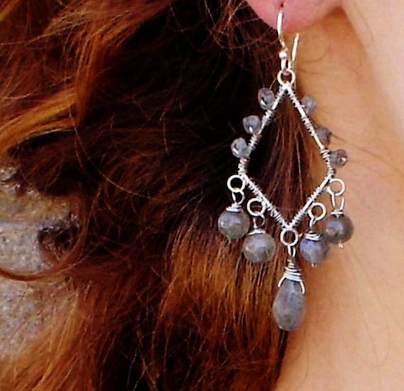 Labradorite Earrings Sterling Silver Chandelier Wire Wrapped Gemstone Dangle Earrings
