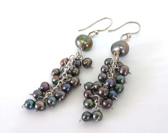 Tahitian South Sea Pearl Earrings Cascade Sterling Silver Wire Wrapped Earrings