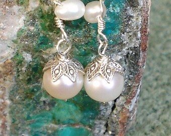 Pearl Earrings Sterling Silver Hand Engraved Floral Wire Wrap Cultured Pearl Dangle Earrings Gift for her