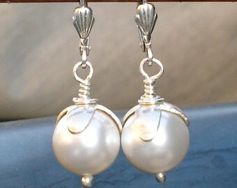 White Pearl Earrings Sterling Silver Swarovski Pearls, Hill Tribe Floral Sterling Silver