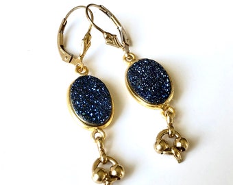 14K Gold Filled Druzy Earrings Bezel, Midnight Blue Drop Earrings