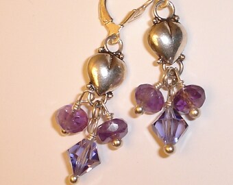 Boucles d'oreilles pendantes en argent sterling, améthyste et cristal Swarovski en forme de cœur