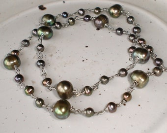 Tahitian Pearl Necklace, Sterling Silver Wire Work, Tahitian Peacock Pearl, Black Pearl nreckalce