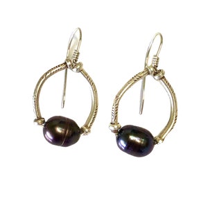 Tahitian Pearls Earrings, Sterling Silver Hoop Earrings, Black Pearls