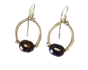 Tahitian Pearls Earrings, Sterling Silver Hoop Earrings, Black Pearls