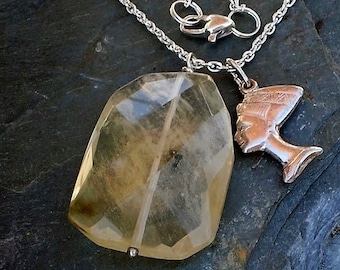 Nefertiti Sterling Silver Pendant with Smoky Quartz Crystal Chain Necklace