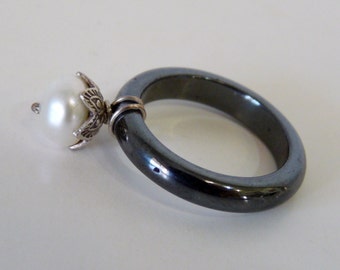 Hematite Ring White Freshwater Pearl Wire Wrapped Sterling Silver Flower ring