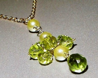 14K Gold Filled Necklace Emerald Teardrop Peridot and Mother of Pearls