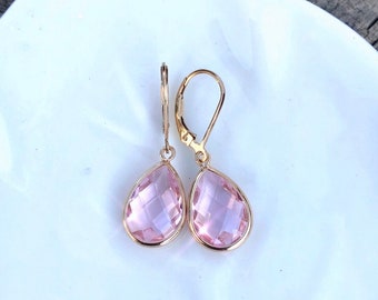 Boucles d'oreilles pendantes en quartz et cristaux roses Boucles d'oreilles leviers en or 14 carats
