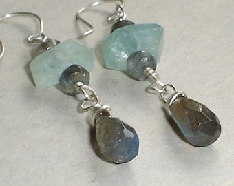 Aquamarine & Labradorite Earrings Sterling Silver Wire Wrap Drop earrings