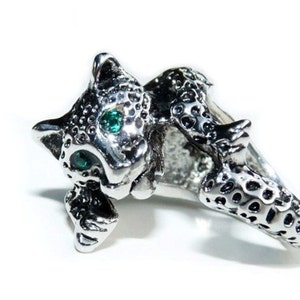 Silver Leopard Ring Emerald Swarovski Crystal Eye, Adjustable Ring