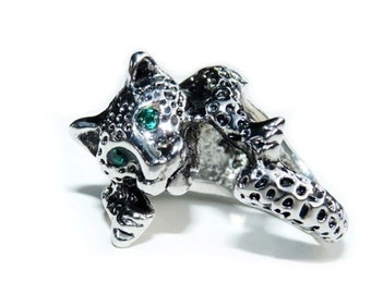 Silver Leopard Ring Emerald Swarovski Crystal Eye, Adjustable Ring