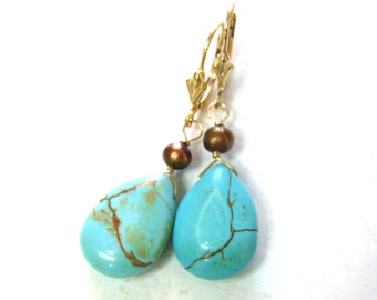 Turquoise 14K Gold Filled Earrings Genuine Turquoise & Golden Brown Pearl Drop Earrings