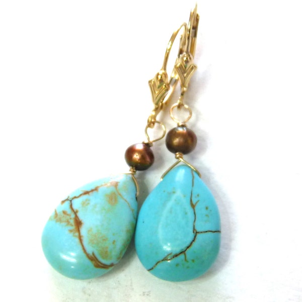 Turquoise 14K Gold Filled Earrings Genuine Turquoise & Golden Brown Pearl Drop Earrings