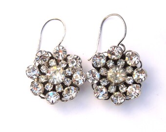 Rhinestone Earrings Sterling Silver from Vintage 1950s button Earrings Christmas gift