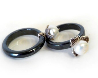 Hematite Ring White Freshwater Pearl Wire Wrapped Fine Silver Flower Band Ring